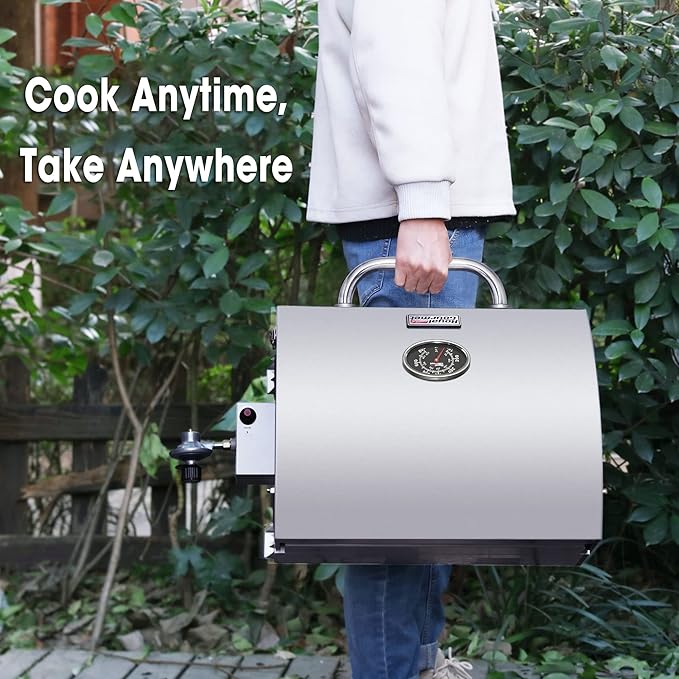 Royal Gourmet GT1001 Stainless Steel Portable Grill, 10000 BTU BBQ Tabletop Gas Grill with Folding Legs and Lockable Lid,