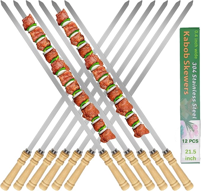 21.5 inch Long Flat Skewers for Kabobs (12 PCS),0.4" Wide 304 Stainless Steel Barbecue Kebab Skewers for Grilling with Wood