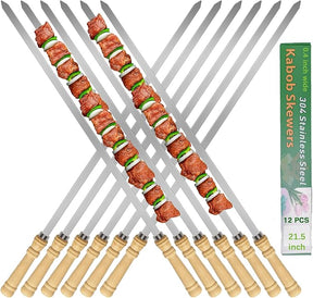 21.5 inch Long Flat Skewers for Kabobs (12 PCS),0.4" Wide 304 Stainless Steel Barbecue Kebab Skewers for Grilling with Wood