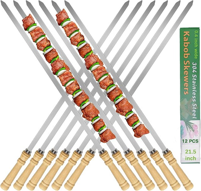 21.5 inch Long Flat Skewers for Kabobs (12 PCS),0.4" Wide 304 Stainless Steel Barbecue Kebab Skewers for Grilling with Wood
