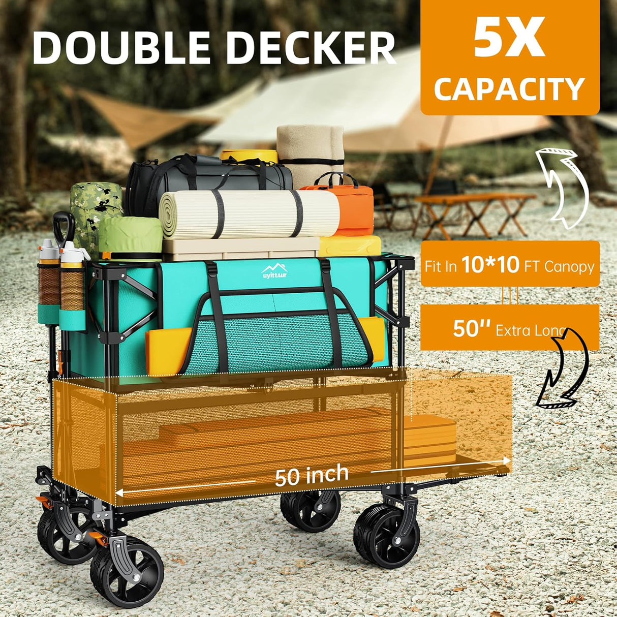 Foldable 50''L Extra Long Double Decker Wagon for Sport, 400L Collapsible Heavy Duty Wagon Cart with Big Wheels, Utility