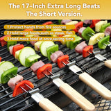 Skewers for Grilling, 17" (6 Pcs) Wooden Handle Double Pronged Stainless Steel Flat Kabob Skewers with Push Bar, Reusable