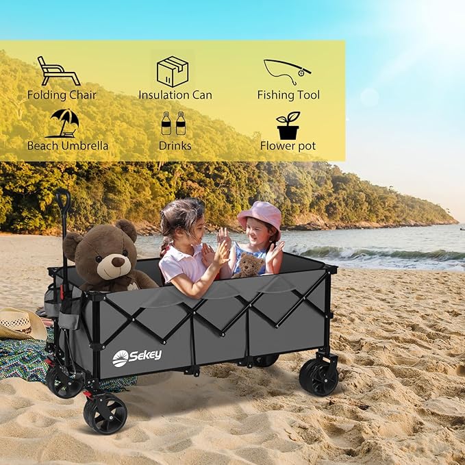 Sekey 48''L Collapsible Foldable Extended Wagon with 440lbs Weight Capacity, Heavy Duty 300L Folding Utility Garden Cart