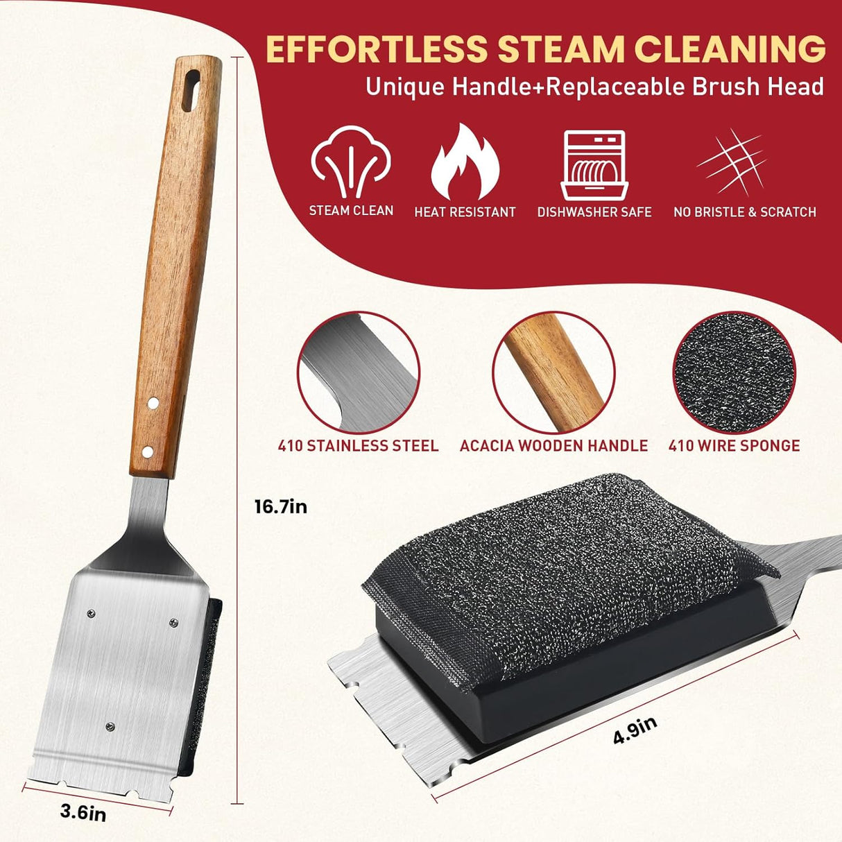 Grill Brush BBQ Cleaner Brush - Barbecue Brush for Outdoor Grill with 1 PCS Replacement Cleaning Head, Grill Cleaning Brush