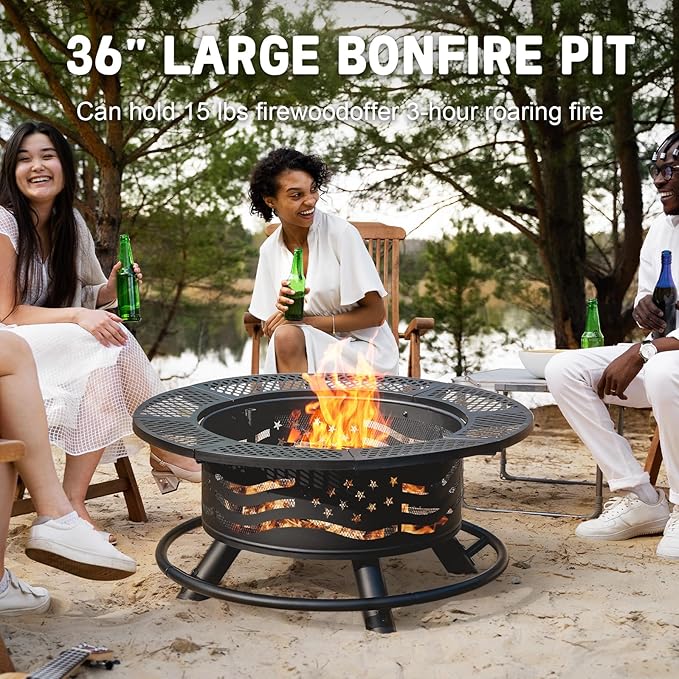 36 Inch Fire Pit with 2 Cooking Grates, Outdoor Wood Burning BBQ Grill Firepit Bowl with Cover Lid, Steel Round Table for