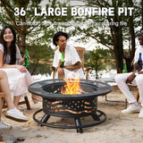 36 Inch Fire Pit with 2 Cooking Grates, Outdoor Wood Burning BBQ Grill Firepit Bowl with Cover Lid, Steel Round Table for