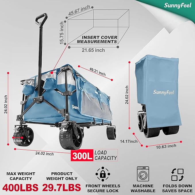 SUNNYFEEL 49''L 550lbs Heavy Duty Wagon Cart Foldable with Wheels,Extra Long Fold Up Wagons Carts with Side Pocket and
