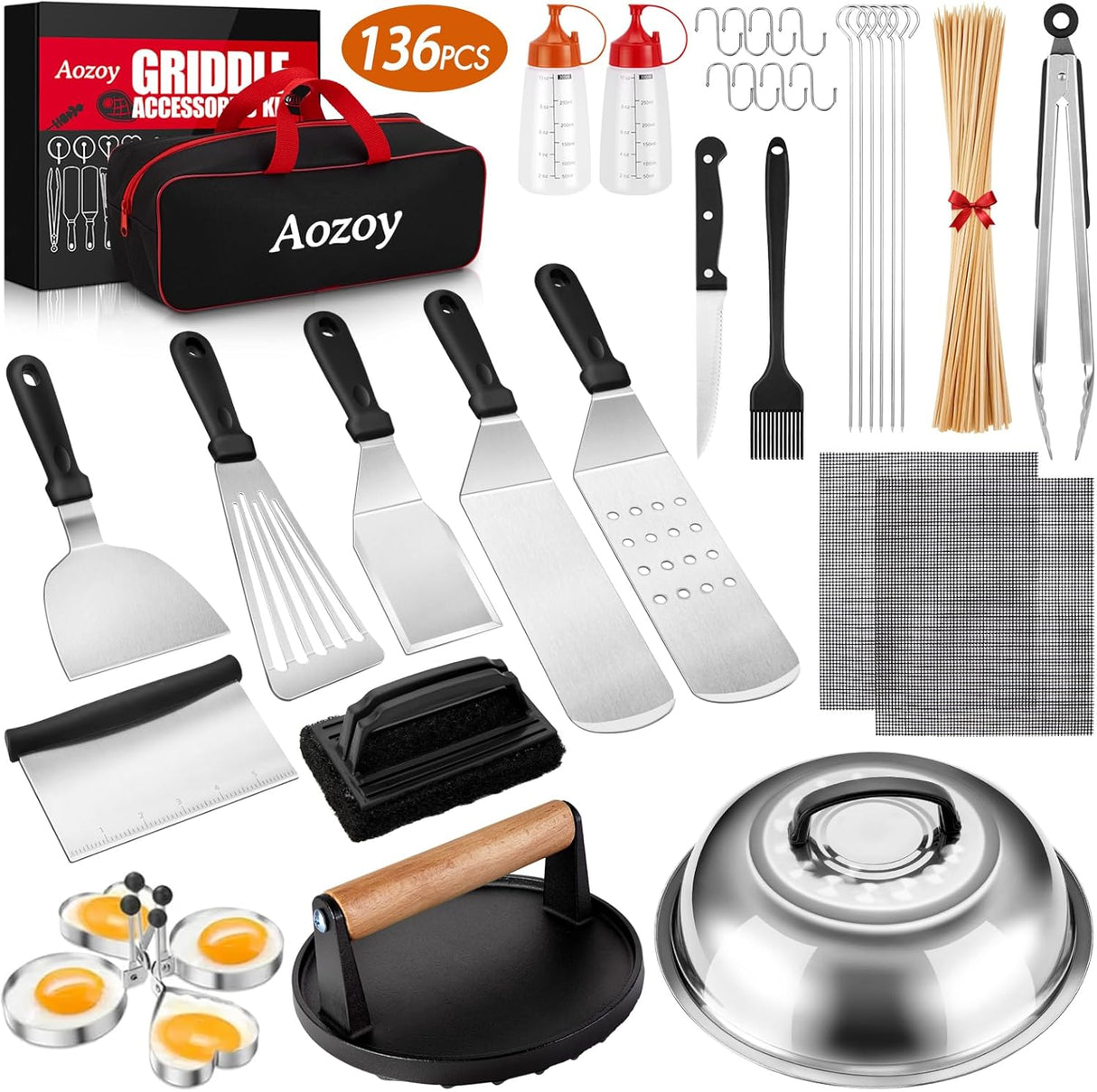 Griddle Accessories Kit - 136PCS Flat Top Grill Accessories for Blackstone and Camp Chef Metal Spatula Tools Set with Burger