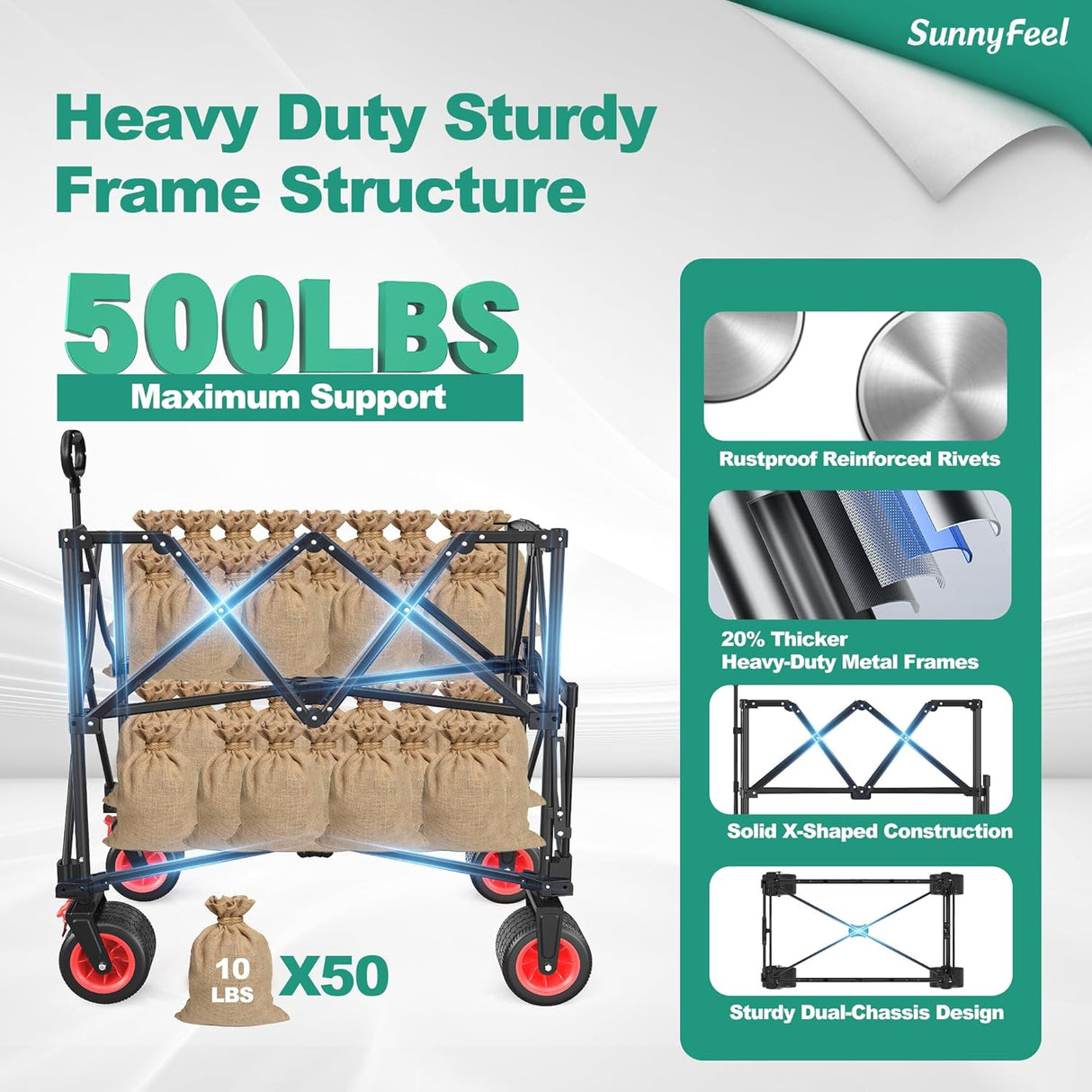 SUNNYFEEL Heavy Duty Collapsible Outdoor Utility Wagon Cart 500LB Capacity Adjustable Handlebar,Foldable Beach Wheels Stable