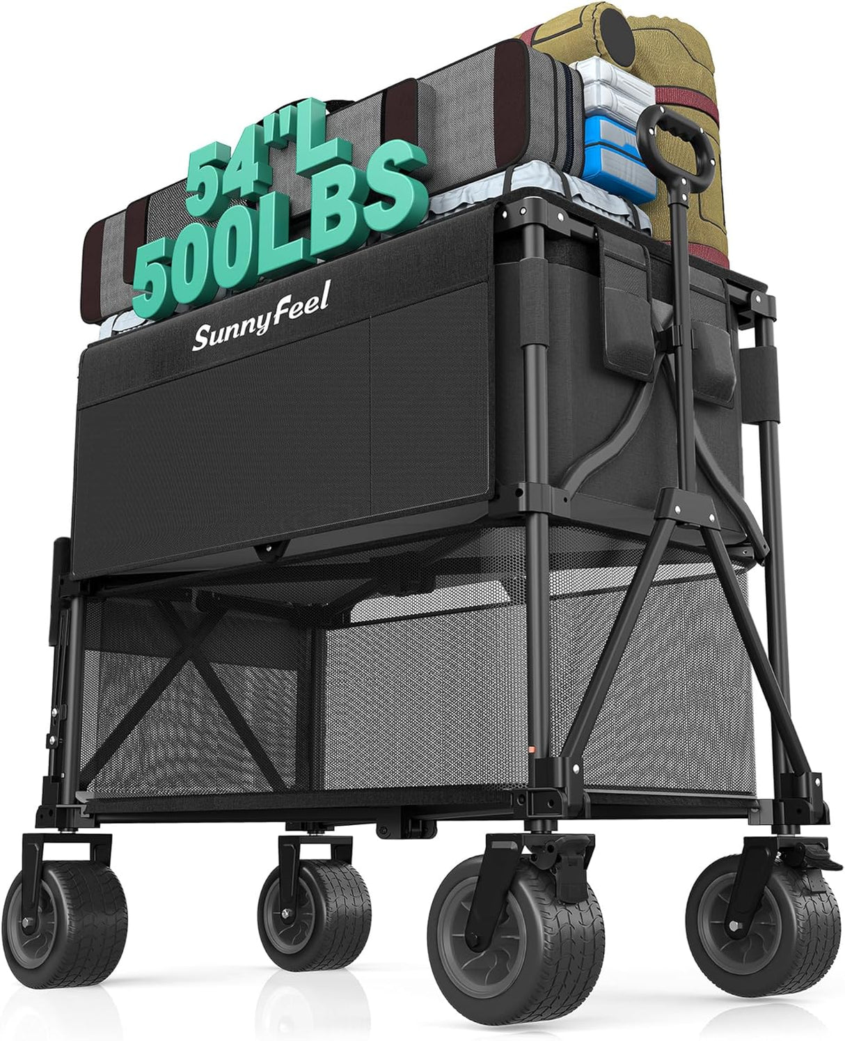 SUNNYFEEL Double Decker Wagon, Collapsible Outdoor Utility Wagon Cart 500LB Capacity Adjustable Handlebar,Foldable Wheels