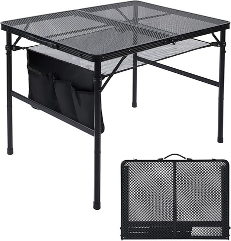 Folding Grill Table, 3x2 FT Portable Camping Table, Height Adjustable Metal Tables with Mesh Desktop and Mesh Bag, Outdoor
