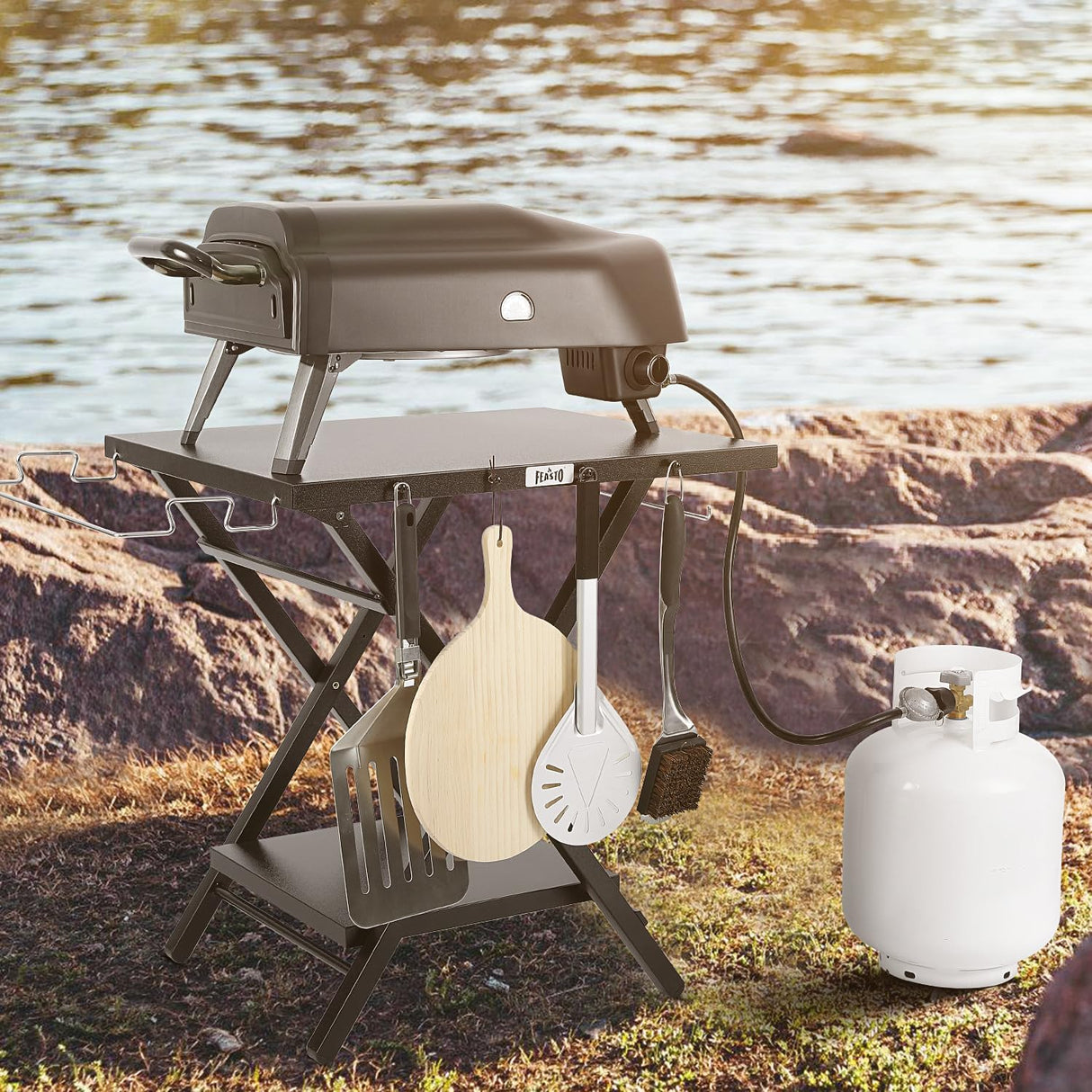 Folding Grill Table with Extra Storage Bottom Shelf, Indoor & Outdoor Prep Table with Garage Rack & Tissue Holder, Pizza