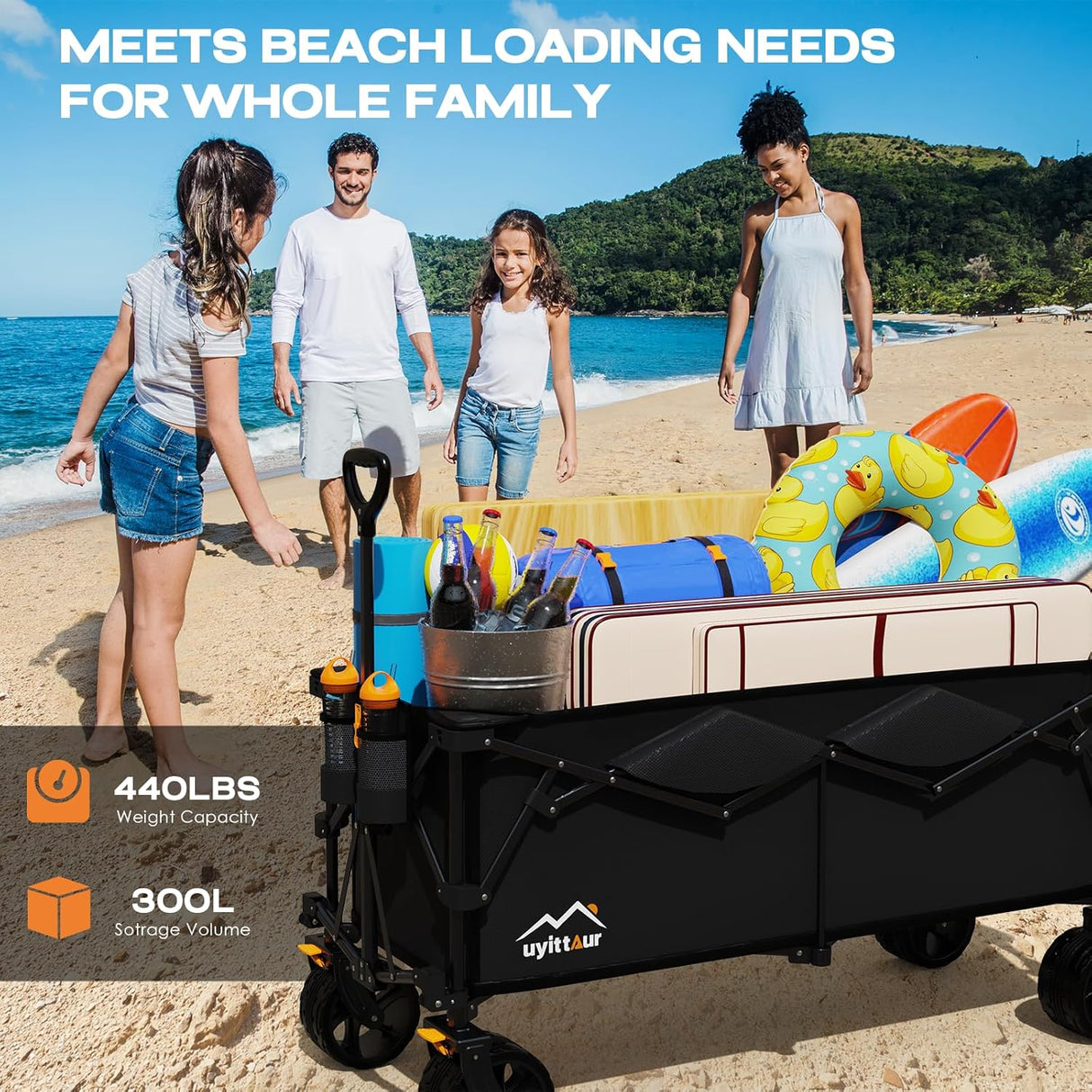 300L Extra Large Collapsible Foldable Wagon, 440lbs Load Capacity 48''L Extended Heavy Duty Folding Beach Wagon with Big