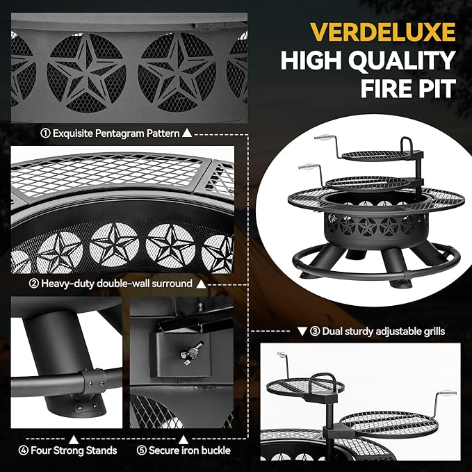 47 Inch Outdoor Fire Pit with 2 Grills, Extra Large BBQ Firepits for Outside, Metal Round Fire pits with Lid&Fire Poker,3 in