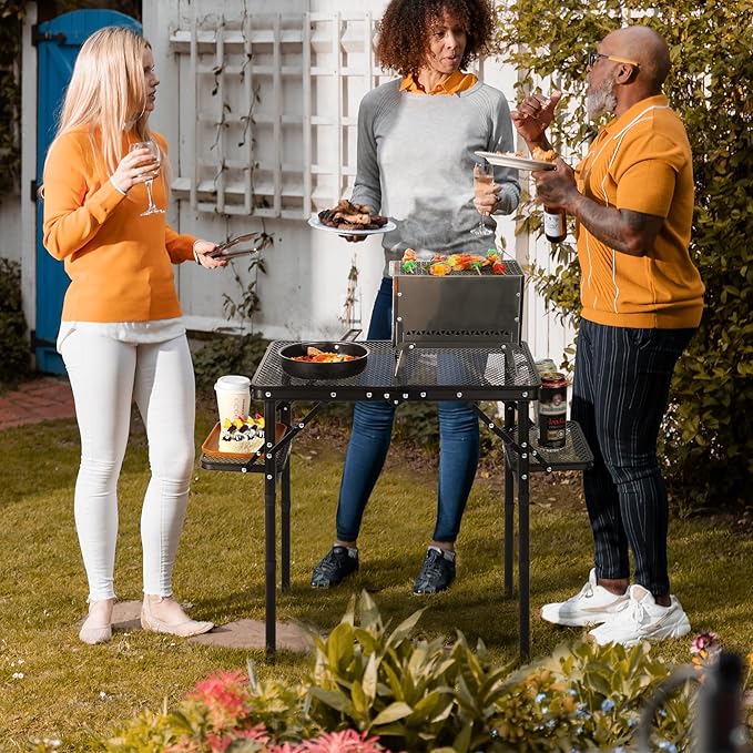 REDCAMP 35x16 Folding Grill Table for Outside with 2 Side Tables, 4 Adjustable Heights Portable Small Stand Table for