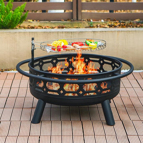 36 Inch Fire Pit, Outdoor Wood Burning Firepit with Removable Grill & Poker, Heavy Duty Metal Round Fireplace,2 in 1 Large