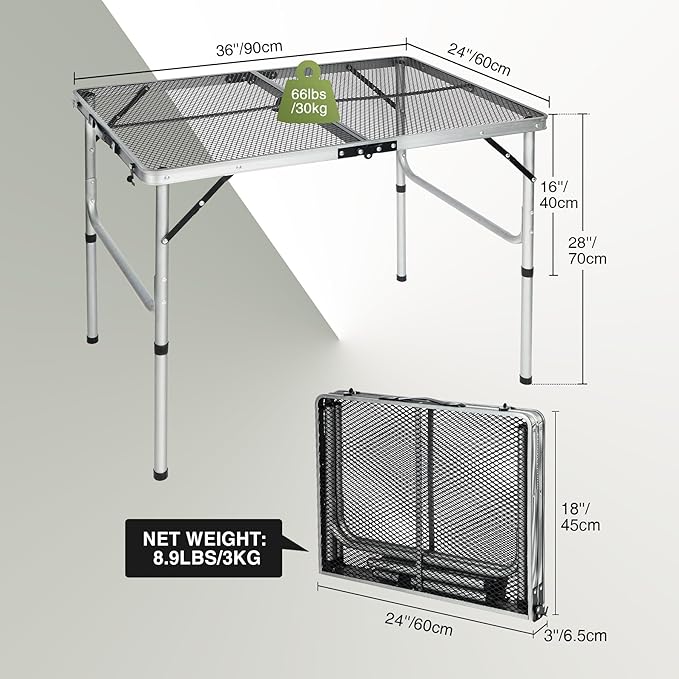 REDCAMP 36x24 Folding Grill Table for Outside, Lightweight Portable Metal Aluminum Outdoor Grill Table with Adjustable