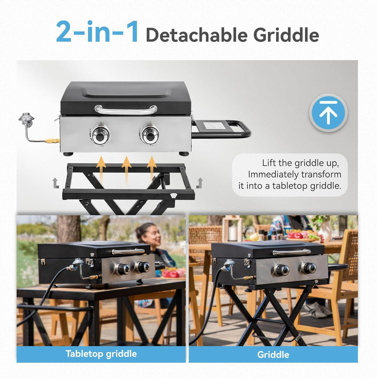 GREEN PARTY 2 Burner BBQ Propane Gas Griddle with Collapsible Stand, 18 Inch Portable Griddle with Side Table & 253 Sq. In.