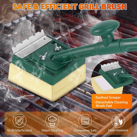 Grill Brush Bristle Free with Scraper,22" Extra Long Steam Grill Brush for Outdoor Grill,Replaceable Cleaning Head,Safe