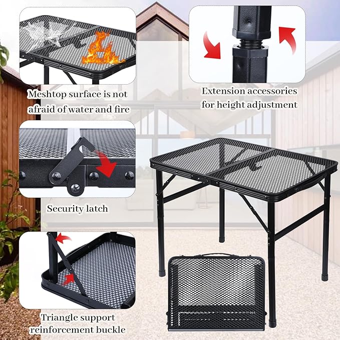 Folding Grill Table Metal Portable Camping Table with Mesh Desktop Lightweight & Foldable Height Adjustable Black Picnic