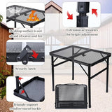 Folding Grill Table Metal Portable Camping Table with Mesh Desktop Lightweight & Foldable Height Adjustable Black Picnic
