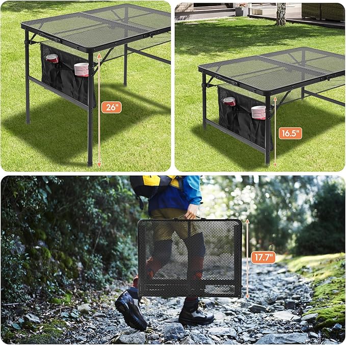 Folding Grill 3x2 FT Portable Camping Table, Lightweight Height Adjustable Metal Picnic Outdoor Table with Mesh Desktop and
