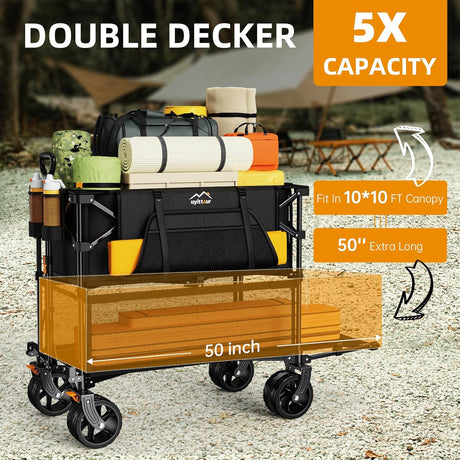 Foldable 50''L Extra Long Double Decker Wagon for Sport, 400L Collapsible Heavy Duty Wagon Cart with Big Wheels, Utility