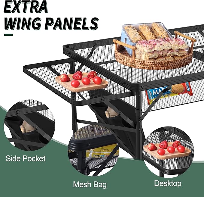 Folding Table with 2 Wing Panels, 3x2 FT Camping Table with Mesh Desktop,Height Adjustable Folding Grill Table with Mesh