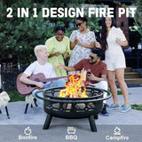36 Inch Fire Pit, Outdoor Wood Burning Firepit with Removable Grill & Poker, Heavy Duty Metal Round Fireplace,2 in 1 Large