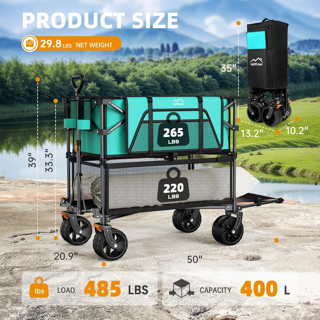 Foldable 50''L Extra Long Double Decker Wagon for Sport, 400L Collapsible Heavy Duty Wagon Cart with Big Wheels, Utility
