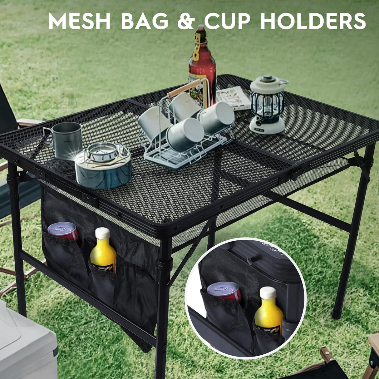 3x2 FT Folding Grill Table, Portable Camping Table for Outside, Adjustable Height Folding Table with Desktop & Mesh Bag,
