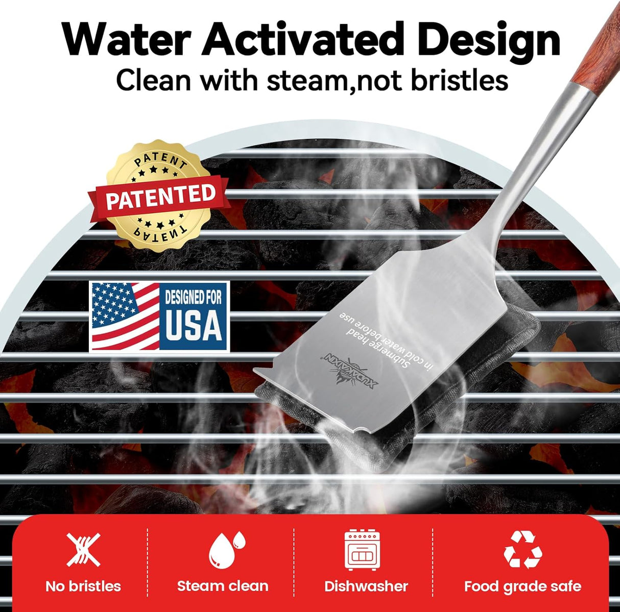 Bristle-Free Steam Cleaning Grill Brush,with Extended Luxurious Rosewood Handle and 1 Replacement Head,BBQ Grill Cleaning