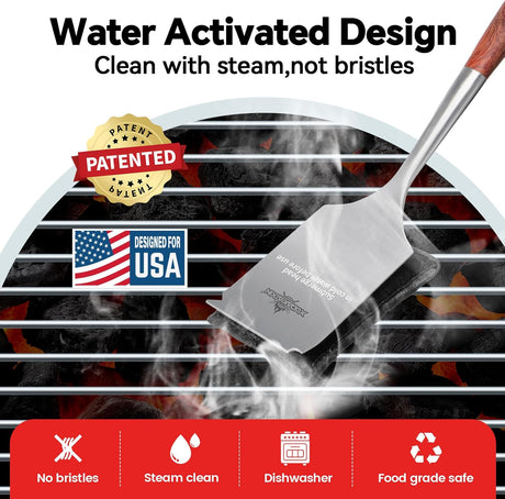 Bristle-Free Steam Cleaning Grill Brush,with Extended Luxurious Rosewood Handle and 1 Replacement Head,BBQ Grill Cleaning