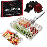 BLAZIN' GRILL Baskets for Outdoor Grill | 2 Grilling Baskets with Detachable Handle | Barbecue Grill Set with BBQ Gloves |