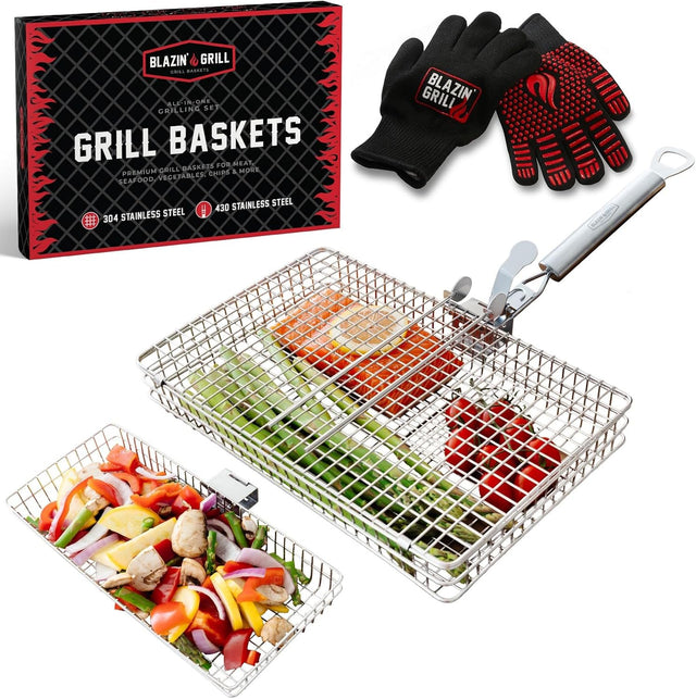 BLAZIN' GRILL Baskets for Outdoor Grill | 2 Grilling Baskets with Detachable Handle | Barbecue Grill Set with BBQ Gloves |