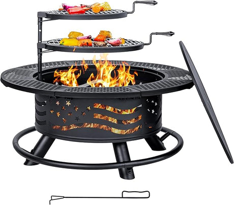 36 Inch Fire Pit with 2 Cooking Grates, Outdoor Wood Burning BBQ Grill Firepit Bowl with Cover Lid, Steel Round Table for