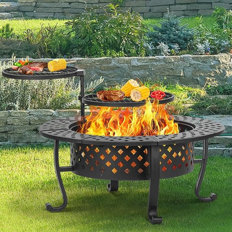 42 Inch Fire Pit with 2 BBQ Grills, Wood Burning Fire Pits for Outside with Lid & Fire Poker, BBQ& Outdoor Firepit & Round