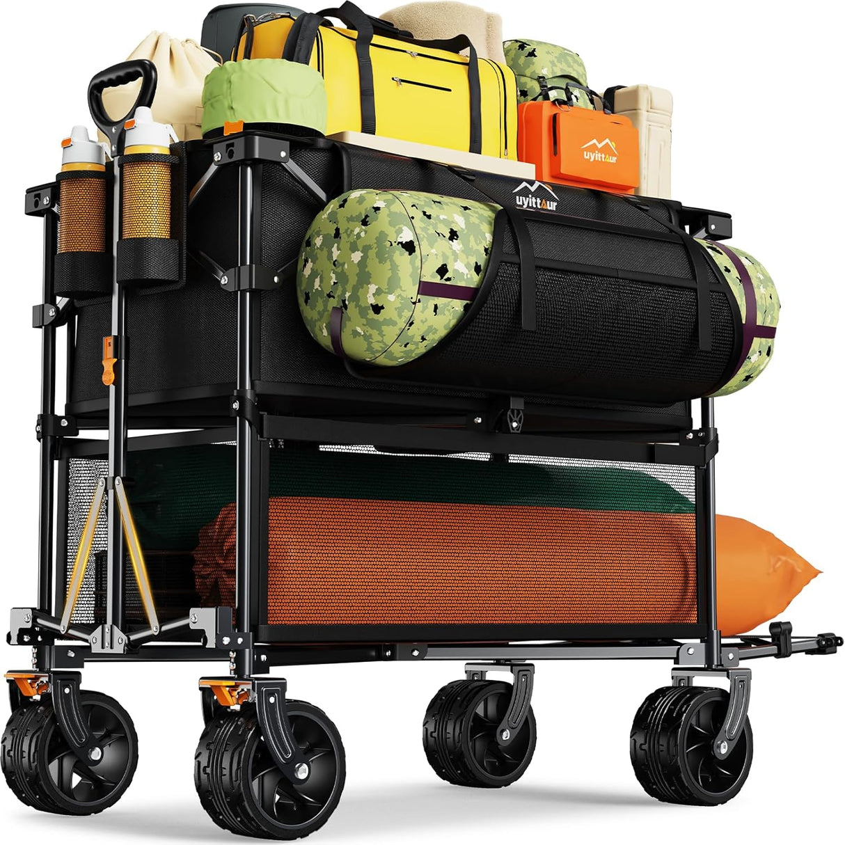Foldable 50''L Extra Long Double Decker Wagon for Sport, 400L Collapsible Heavy Duty Wagon Cart with Big Wheels, Utility