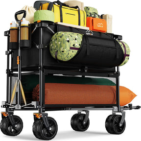 Foldable 50''L Extra Long Double Decker Wagon for Sport, 400L Collapsible Heavy Duty Wagon Cart with Big Wheels, Utility