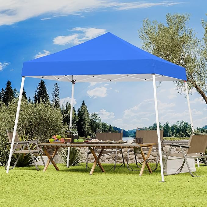 10x10 Pop Up Canopy, 300D Silver Coated Blue Fabric Outdoor Gazebo, Beach Tent Slant Legs with Storage Bag,Easy Up Sun Shade