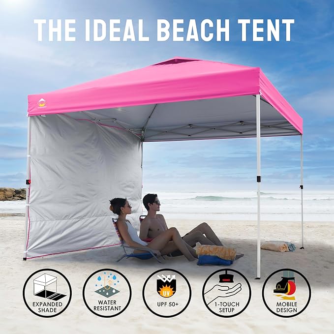 CROWN SHADES 10x10 Pop Up Canopy with 1 Side Wall - Beach Tent with One Push Setup - Outdoor Sun Shade for Events, Parties,