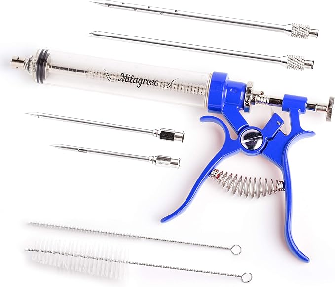 Meat Injector Marinade Gun Stainless Steel Outdoor Kit Flavor Food Syringes & 4 Marinades Needles for BBQ Grill Smoker