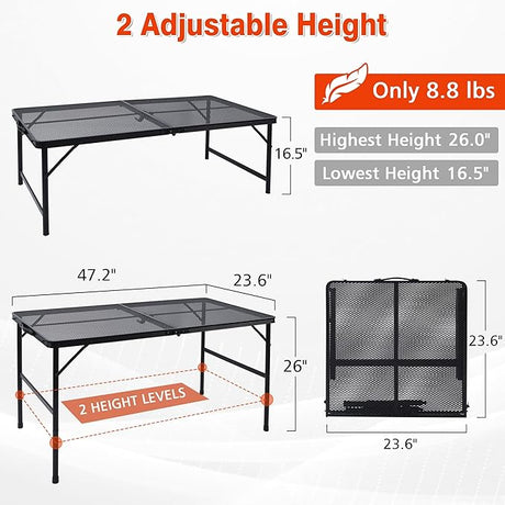 Folding Grill Table, 4x2 FT Portable Camping Table, Lightweight Height Adjustable Metal Tables with Mesh Desktop and Mesh