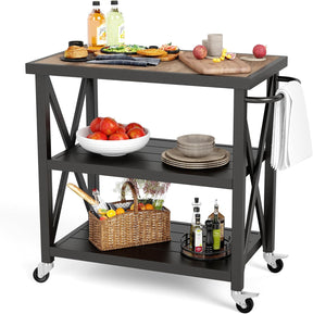 PHI VILLA Outdoor Grill Table, Elegant Grill Cart with Ceramic Wood Grain Table Top, Serving Cart with Shelves, Patio