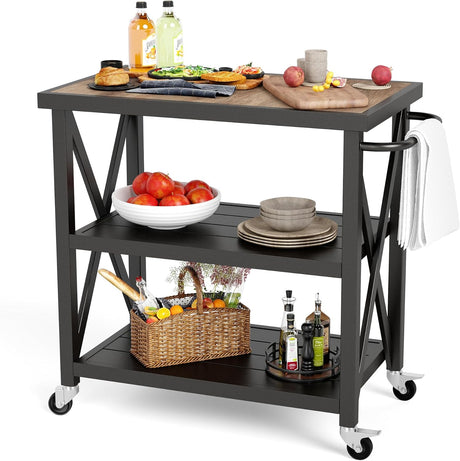 PHI VILLA Outdoor Grill Table, Elegant Grill Cart with Ceramic Wood Grain Table Top, Serving Cart with Shelves, Patio