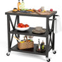 PHI VILLA Outdoor Grill Table, Elegant Grill Cart with Ceramic Wood Grain Table Top, Serving Cart with Shelves, Patio