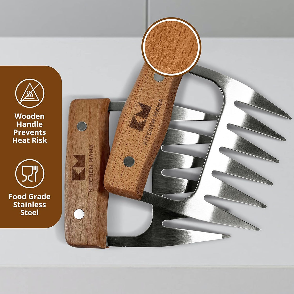 Kitchen Mama Meat Claws: Stainless Steel Shredder Claws with Wooden Handle for BBQ, Shredding, Pulling Pork, Chicken, Beef,