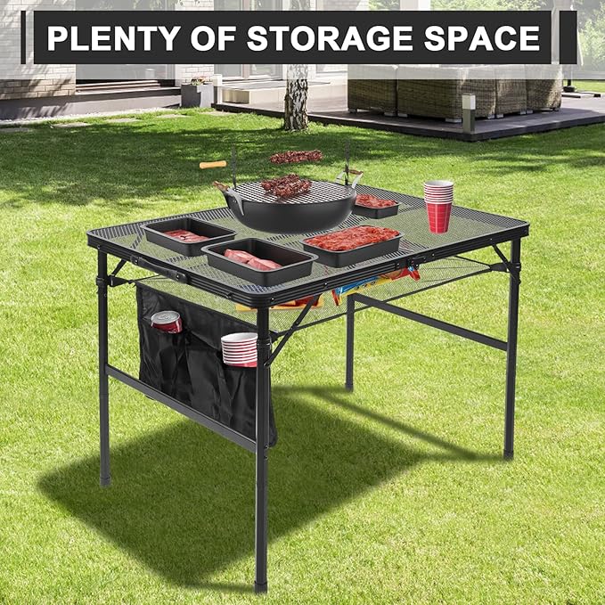 Folding Grill 3x2 FT Portable Camping Table, Lightweight Height Adjustable Metal Picnic Outdoor Table with Mesh Desktop and