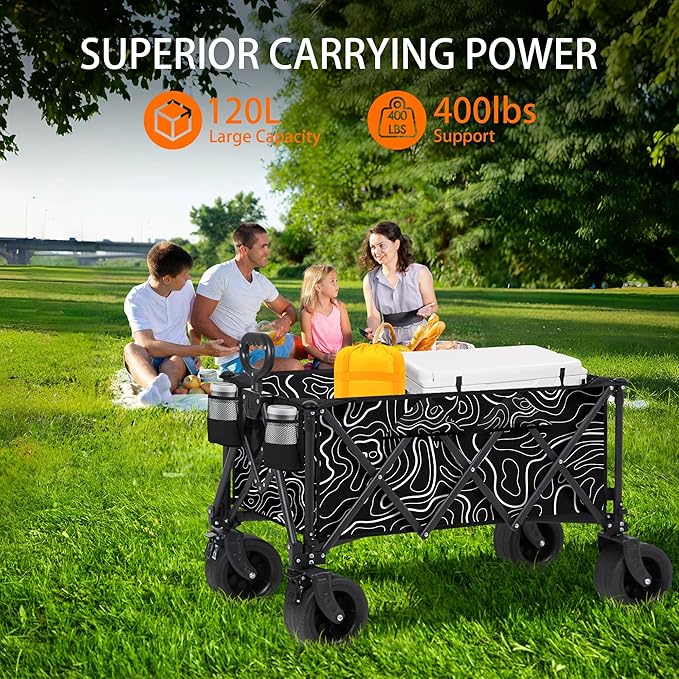 Collapsible Wagon with Big Wheels, Wagons Carts Foldable 400LBS Large Capacity, Heavy Duty Utility Cart Grocery Wagon w/Side