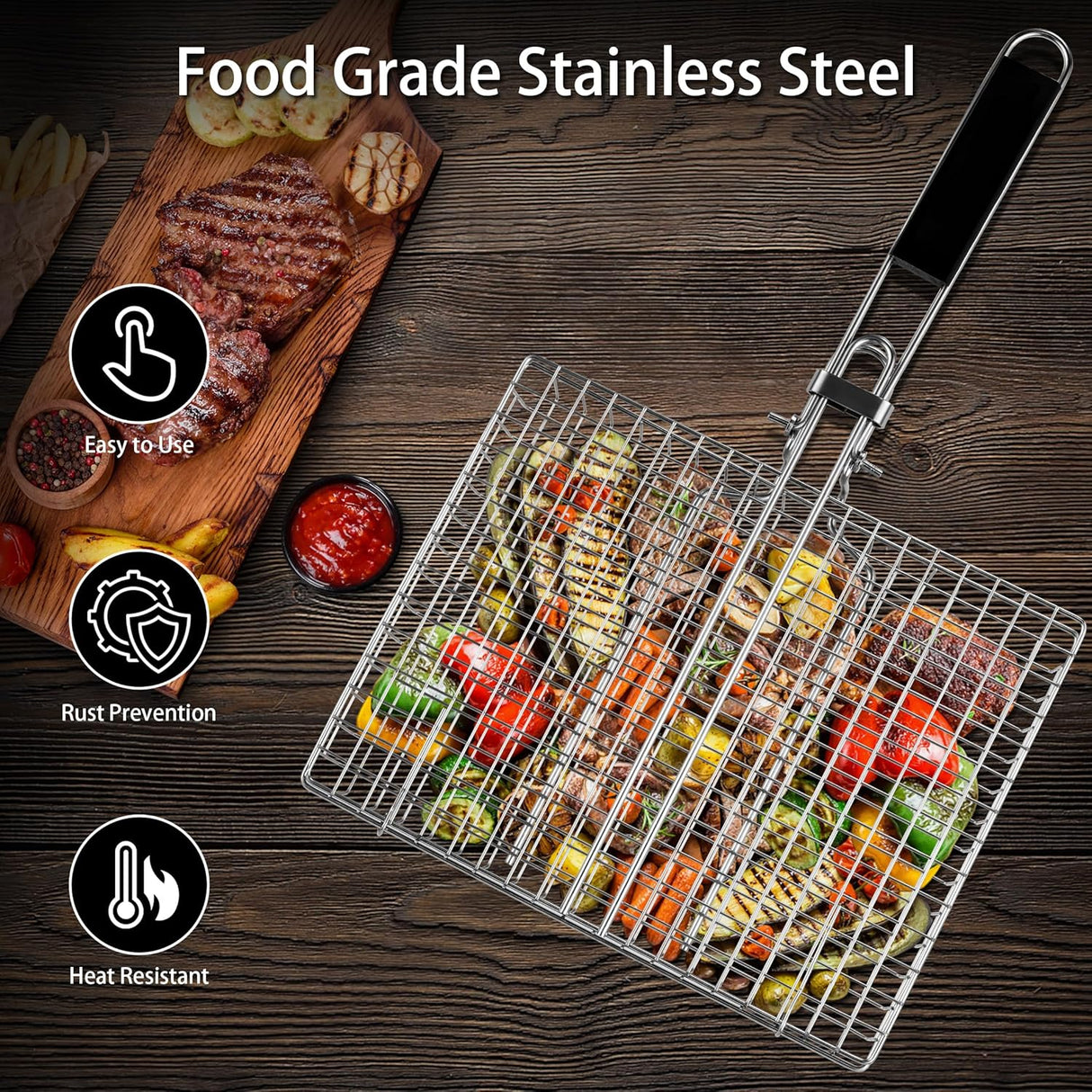 Pleafind Grill Basket Set - 8 PCS, Portable BBQ Grilling Basket with Removable Handle, Stainless Steel Grill Baskets for